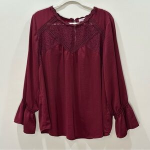 Eyeshadow Women’s Burgundy Blouse with Lace Detail Long Sleeve Size 1X